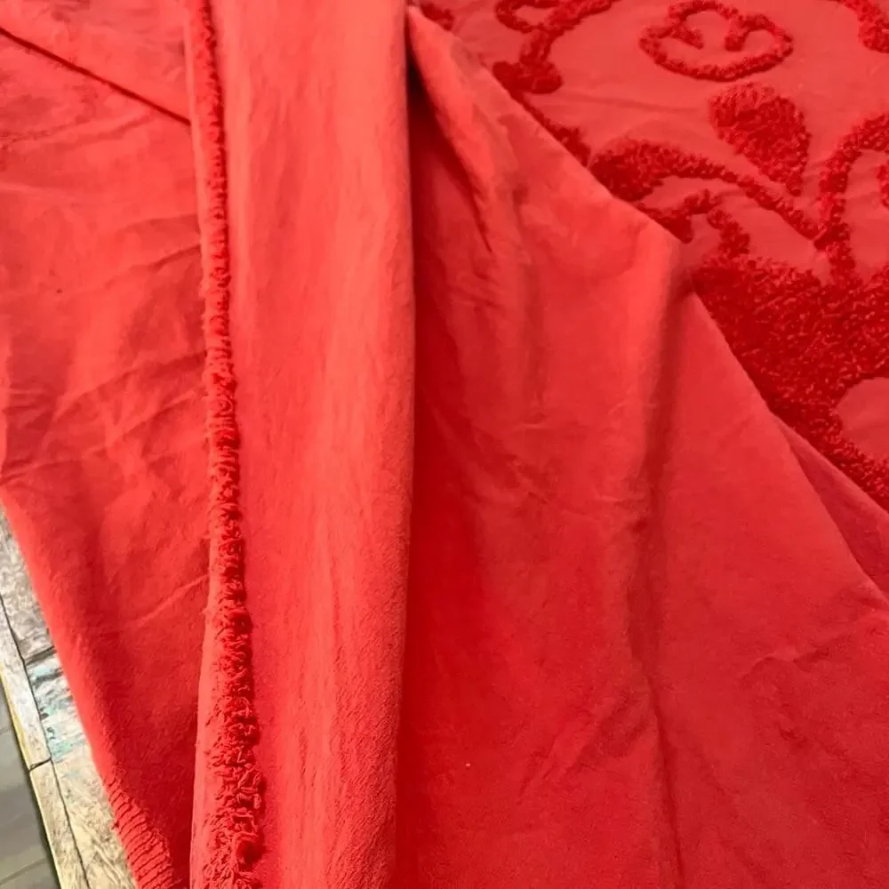 Vintage Red Cotton Chenille Queen Bedspread Floral Tufted Embroidered Design